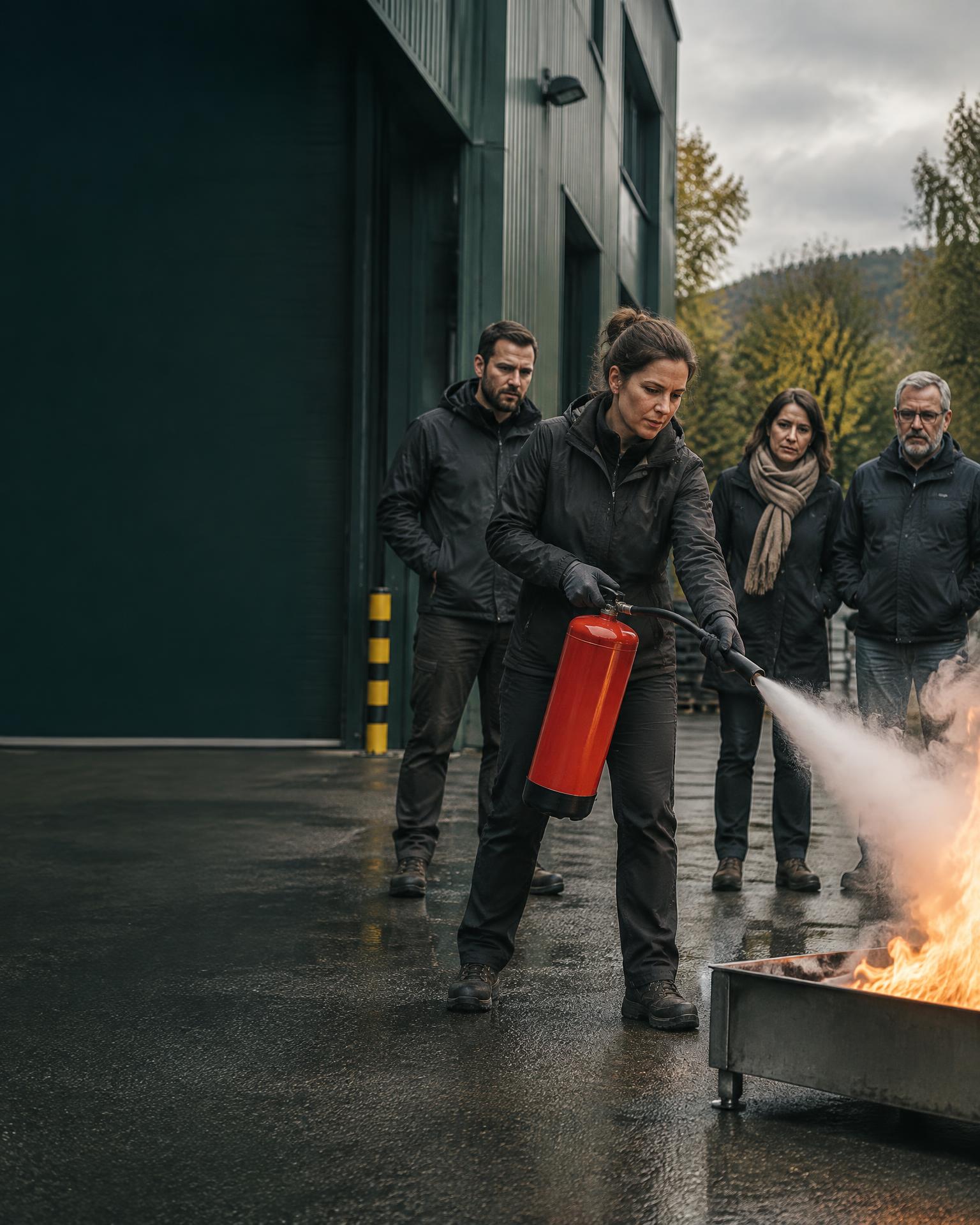 Une participante éteint un feu réel avec un extincteur pendant une formation sur le parking d’une entreprise